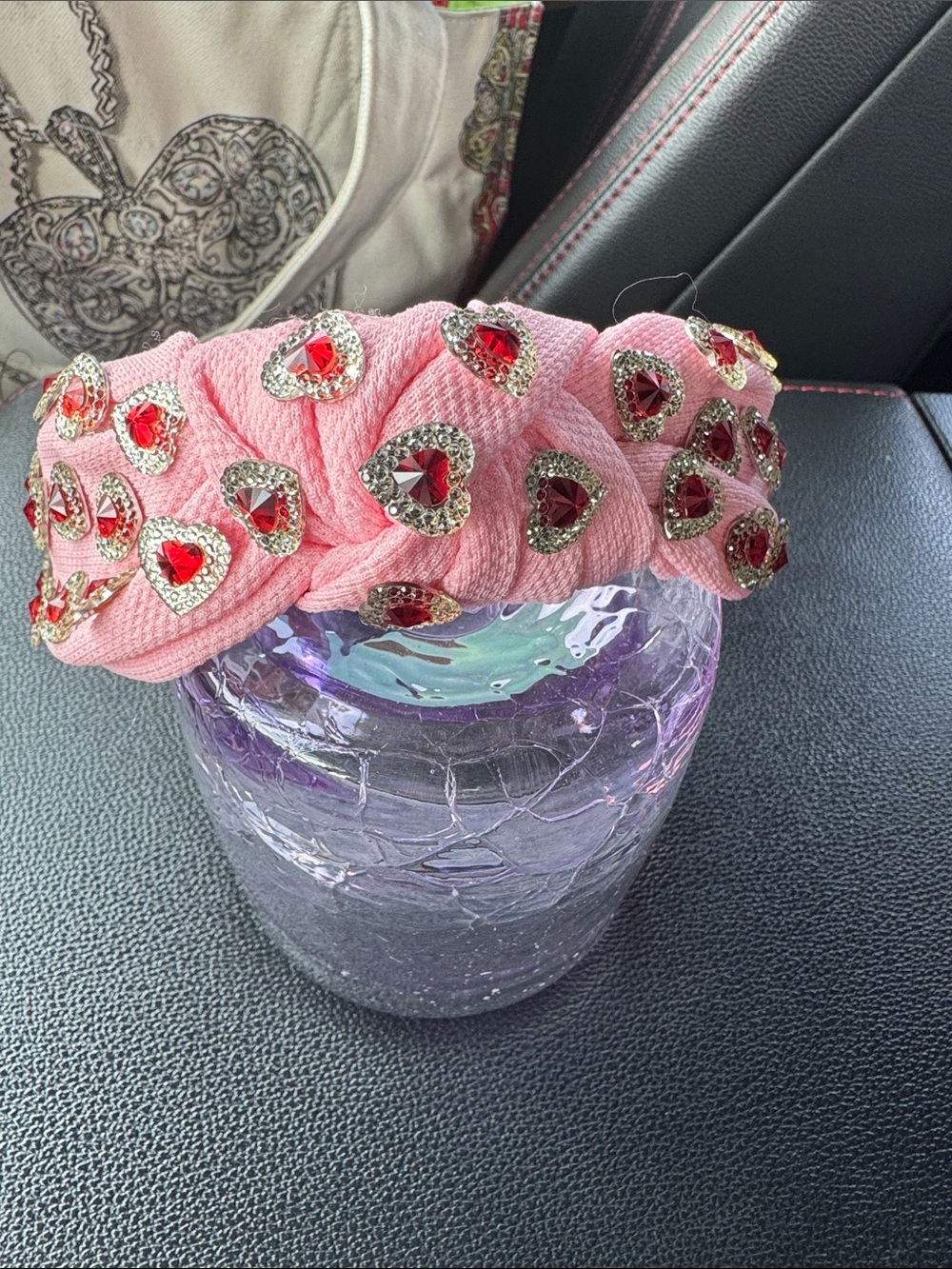 Brianna Cannon Pink Knotted Headband with Red Heart Gem Accents